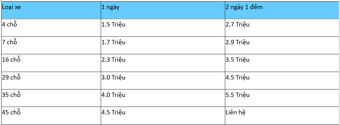 Bảng giá cho thuê xe đi Phủ Dầy mới nhất