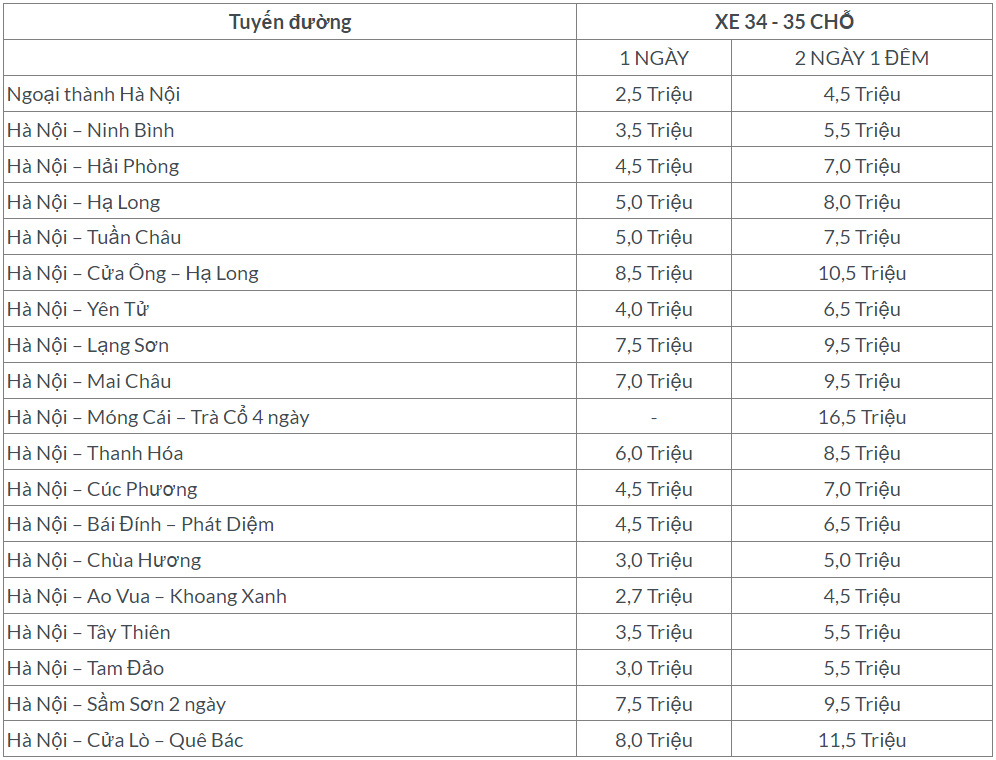 Bảng giá cho thuê xe 35 chỗ hà nội mới nhất 